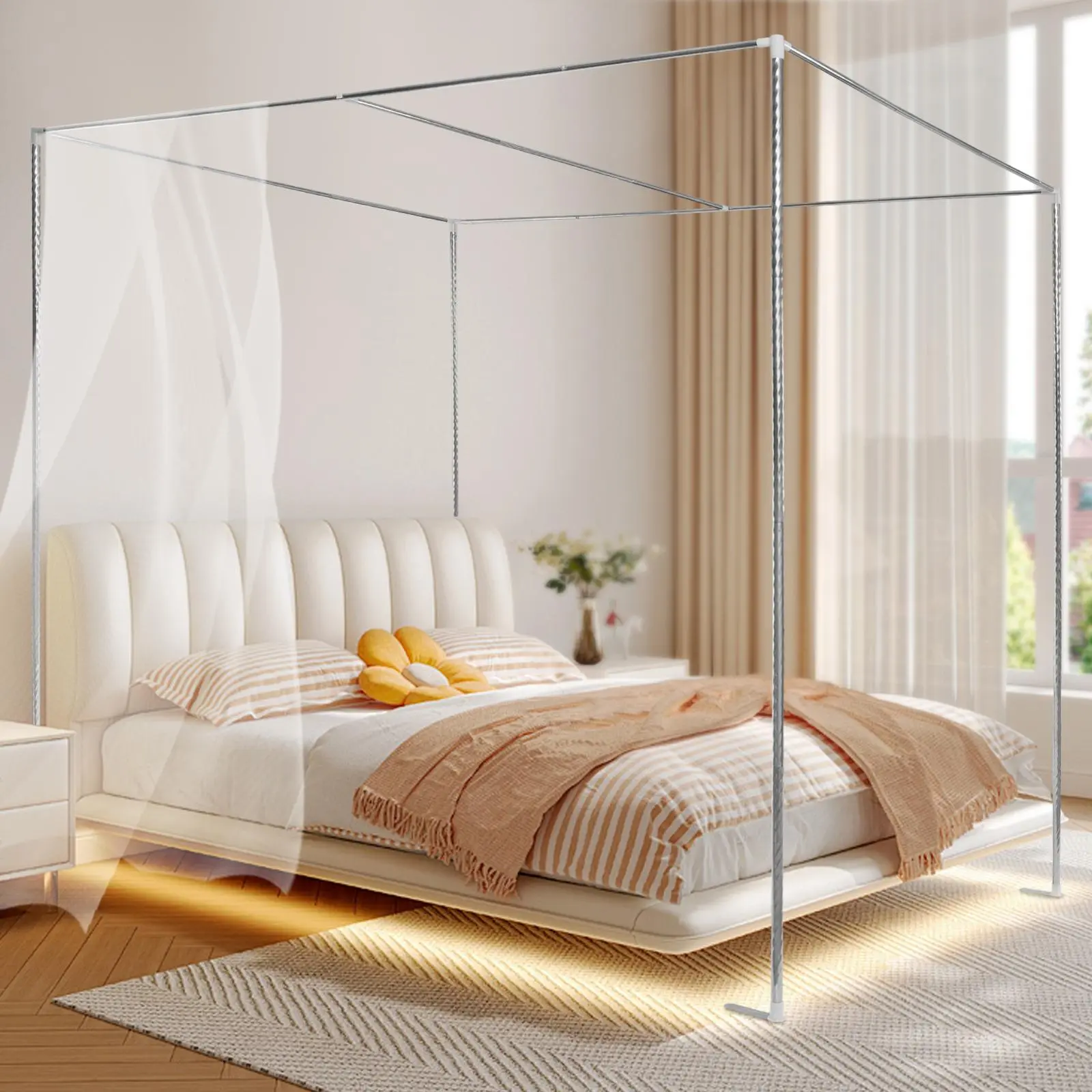 1.5 * 2 * 2m 4-Corner Bed Canopy Frame Post Bracket,Mosquito Netting Curtain Support,Threaded Ports/High Stability, for 4.92ft and 5.91ft Beds., 1 X Mosquito Net Support, 1.5M