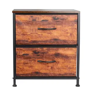 Versatile Nightstand with 2 Fabric Drawers - Compact Storage Dresser for Bedroom, Closet, or Dorm, Rustic Brown Wood Grain Finish