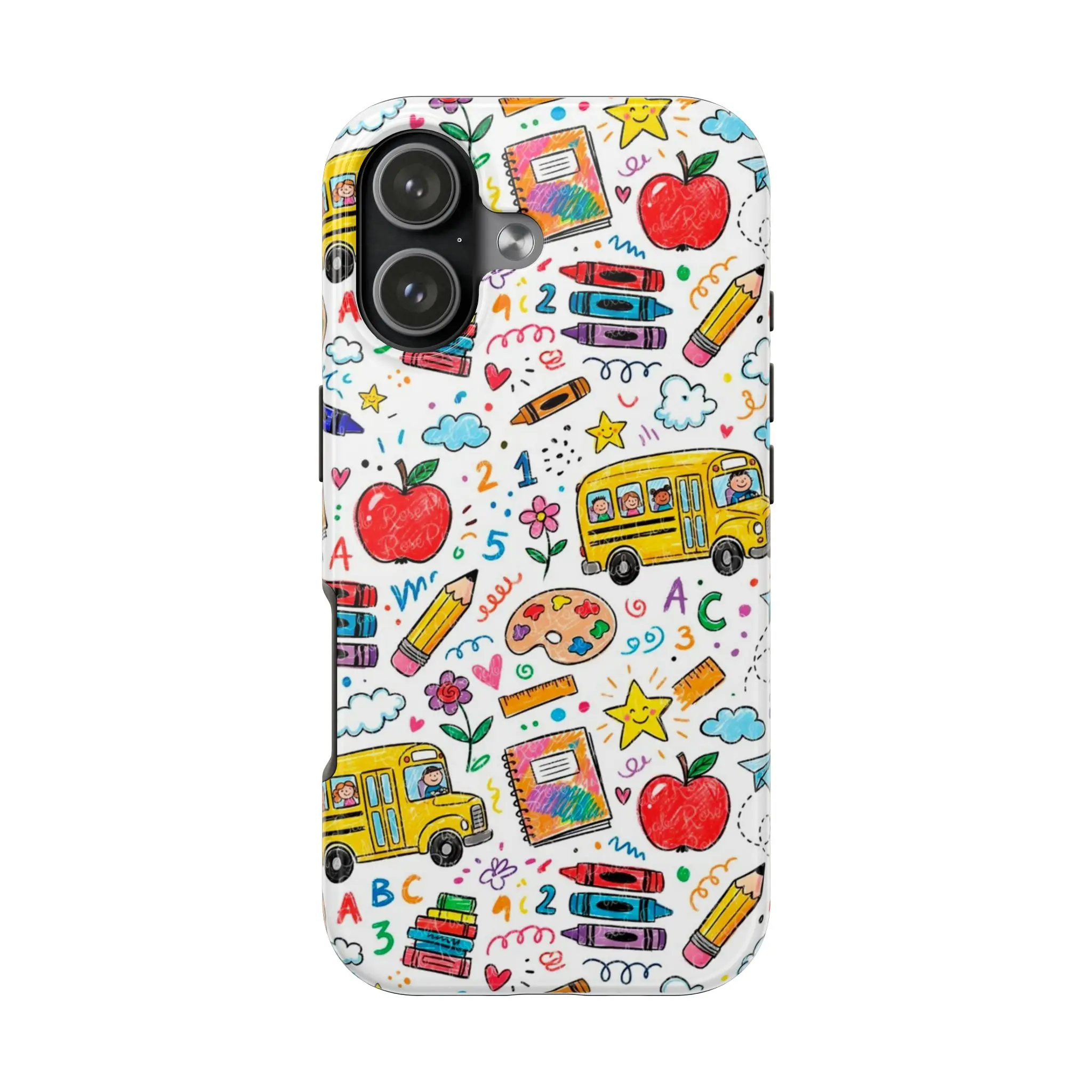 Back to School iPhone Case, Cute Teacher Phone Case, Colorful School Supplies Apple Bus Pencil Case for iPhone