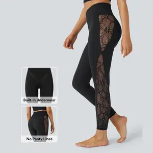 Halara Softlyzero High Waisted Crossover Contrast Lace Built-in Underwear Yoga Leggings with Pocket-UPF50+