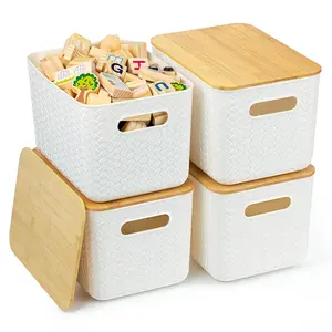 4 Packs Plastic Storage Bins with Bamboo Lids - Stackable Storage Boxes for Desktop Closet, Playroom, Classroom, and Office
