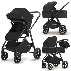 Baby Stroller, 2-in-1 Reversible Toddler Seat with Bassinet Mode, Foldable Infant Stroller with Canopy, One Button Brake, Adjustable Handle, Newborn Pushchair pram