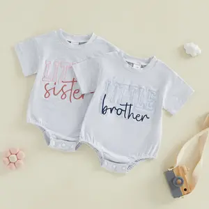 Newborn Infant Baby Girl Girls Summer Little Sister Brother Matching Romper Short Sleeve Letter Embroidery Jumpsuit Bodysuit 0-18 Months