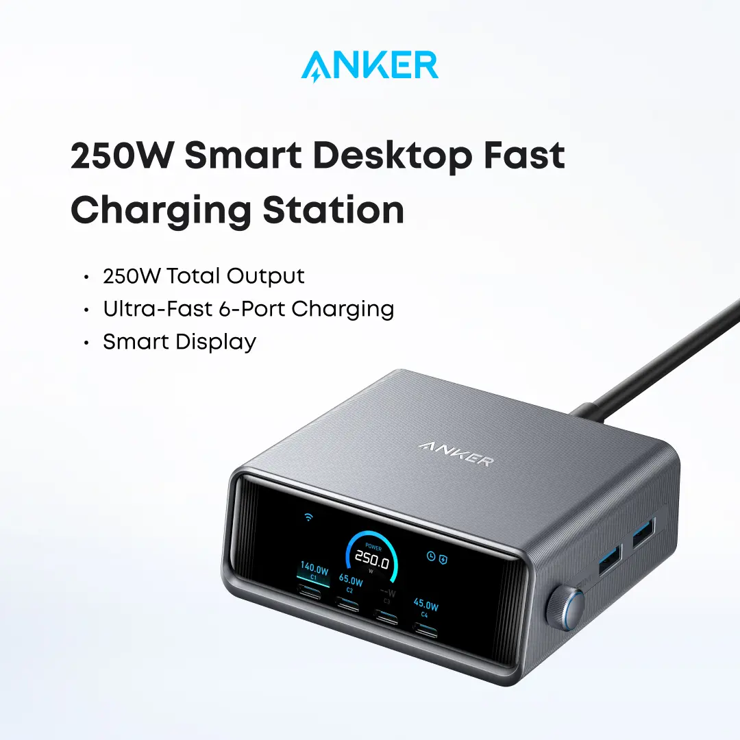 【GaN Charger】Anker Prime Charger, 250W 6-in-1 Smart LCD Ultra-Fast Charging for MacBook iPhone iPad & More,summerwins,FathersDayGift