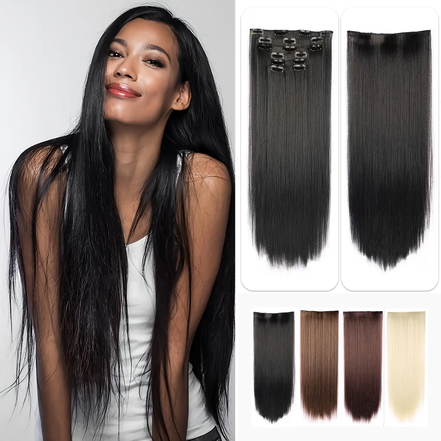 Clip-in Straight Synthetic Hair Extensions 22 Inch 6PCS for Women Natural Black Blonde Auburn Brown Seamless Blend Heat-Resistant Soft Tangle-Free Daily Party Use