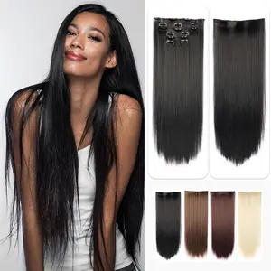 Women's Clip-in Hair Extensions - 22in 6Pcs Natural Black Straight Synthetic Extensions Hair, Seamless Blend Heat-Resistant for Daily & Party Use