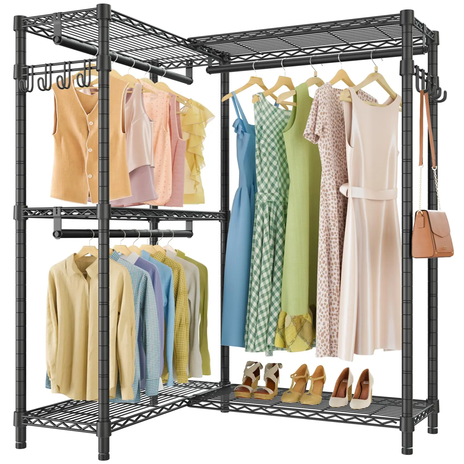 VIPEK L4 Corner Closet Storage Organizer – L Shaped Corner Rack with 3 Hanging Rods & Hooks, Freestanding & Easy to Install for Bedroom & Walk-In Closet