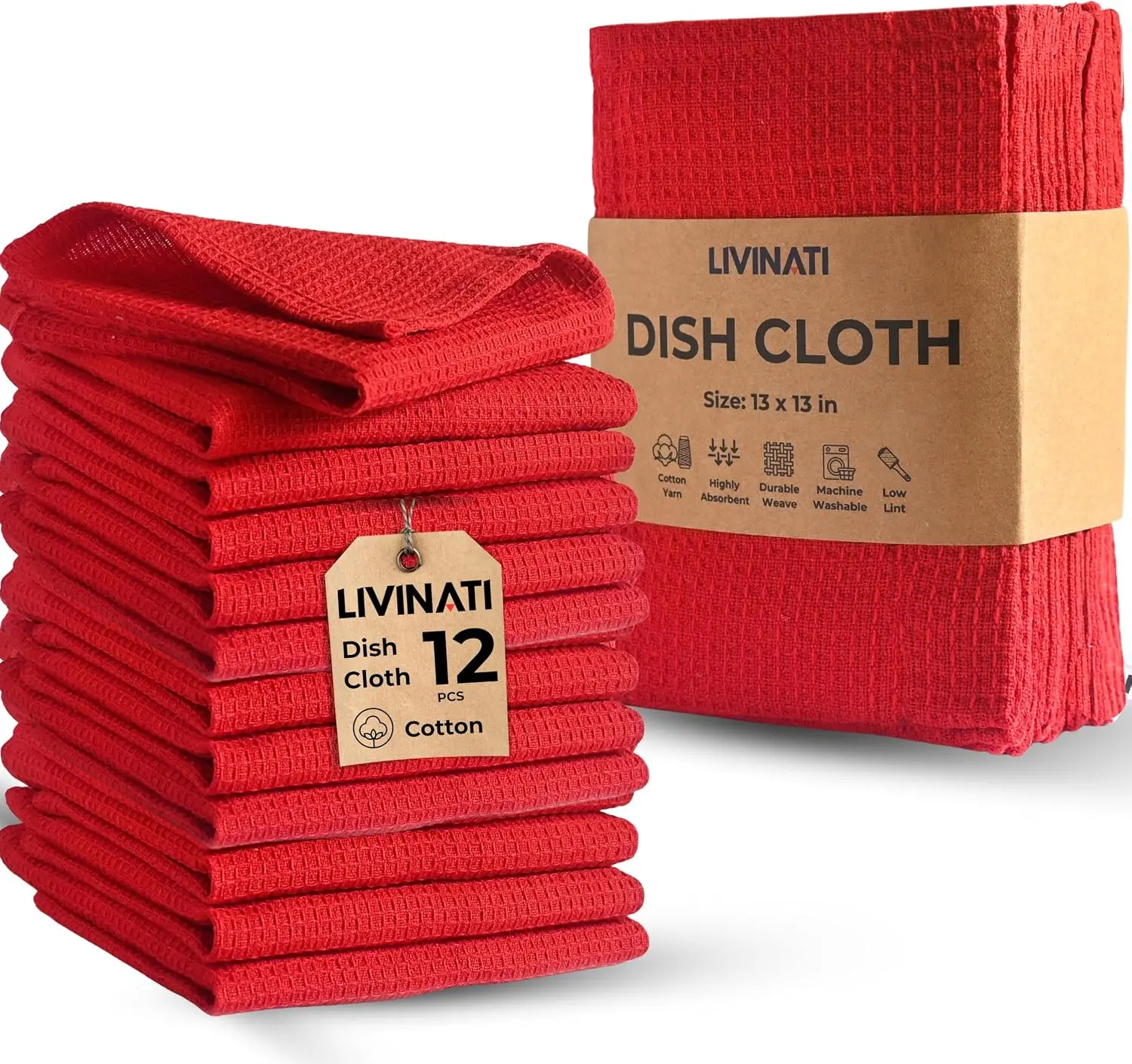 Kitchen Dish Cloths for Washing Dishes - Waffle Weave Cotton Dish Rag Towel - 13"x13" Set of 12 Red Kitchen Washcloth Dishcloth Dishrag Dishtowel Wash Cloth