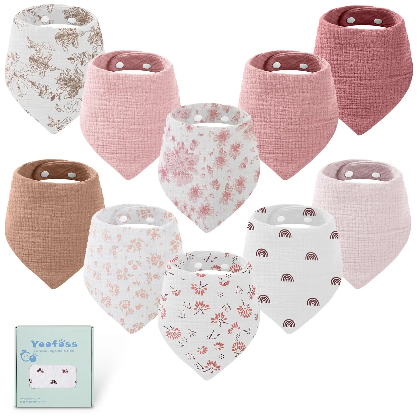 Yoofoss Muslin Baby Bibs 10 Pack Bandana Bibs 100% Cotton 6-Layer Soft Absorbent Drool Bibs for Boys and Girls