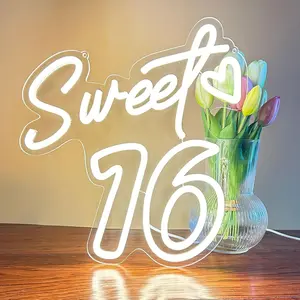 Sweet 16 Neon Sign Happy Birthday Neon Sign for Wall Decor Personalized Sixteen Birthday Light Sweet 16 LED Light Sign Sweet Girl Bedroom Happy Birthday Party Wall Decor Party Gift Warm White Usb Power