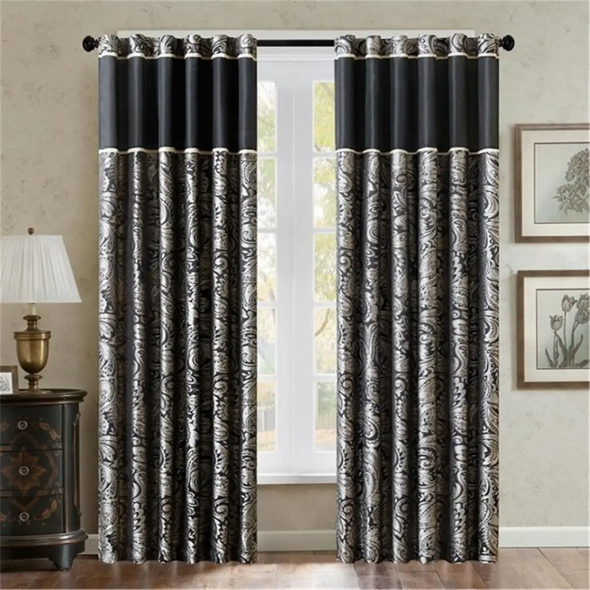 Madison Park Aubrey Classic Platinum Paisley Polyester Jacquard Weave Curtain Panel - 50x84 in Single Window Drape, 3-in Drapery Pocket, Easy Assembly, Dark Gold Trim, Black Accent Details