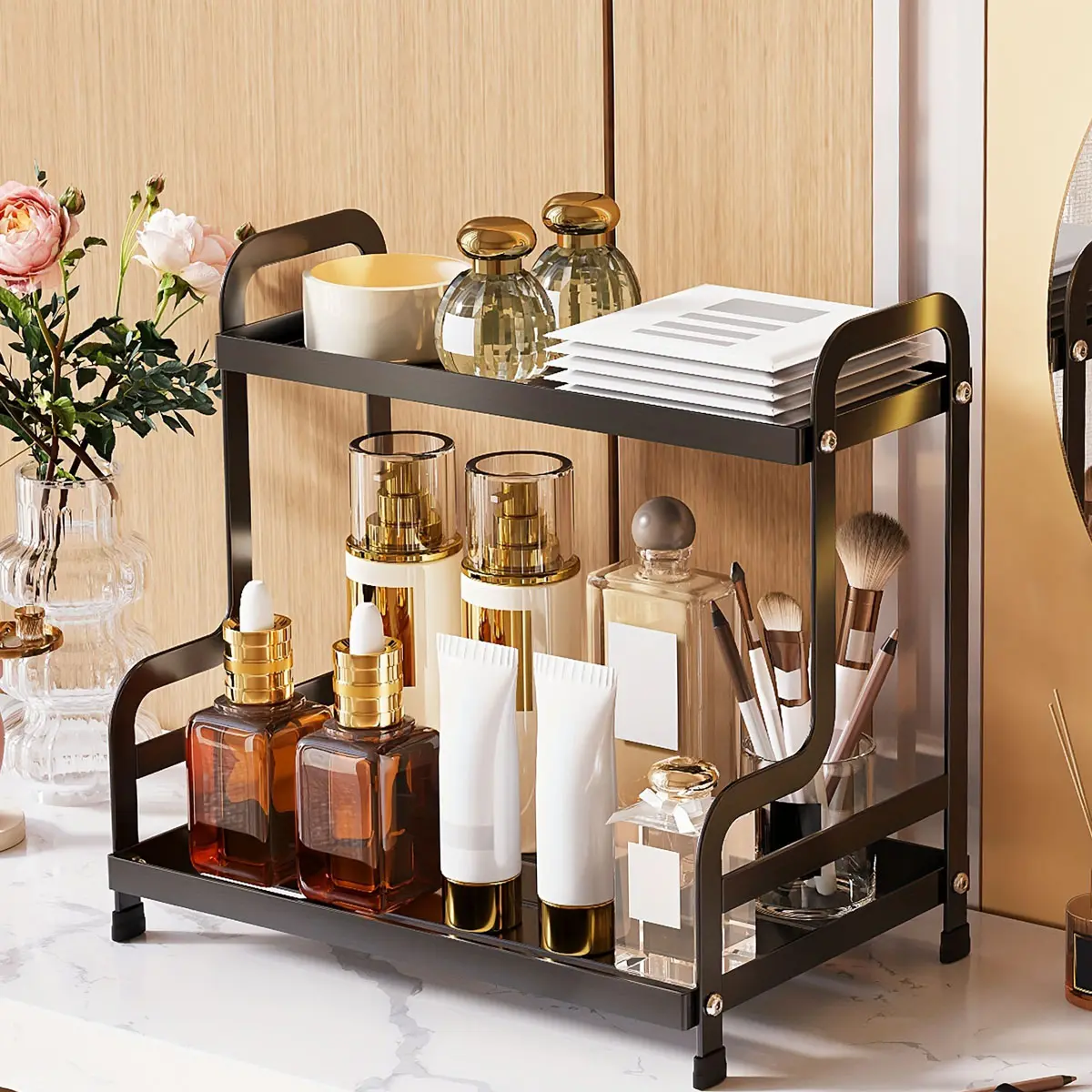 2-Tier Steel Bathroom Organizer - High-Strength Modern Non-Slip Organizer with Large Tray, Dressing Room & Vanity Countertop Sink Accessory for Organizing Cosmetics