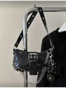 Vintage Punk Crocodile Pattern Shoulder Purse for Women, Y2K Goth Rivet Chain Hobo Bag with Buckle Detail, Fashion Underarm Tote Handbag for Daily Shopping Party Dating Streetwear, Cute Holiday Gift for Mom Girlfriend Wife Teen Girls