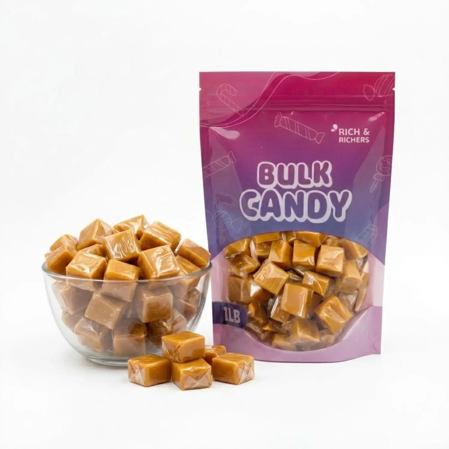 Rich & Richers Classic Vanilla Caramel Cubes 1LB Bulk Bag Gourmet Individually Wrapped Buttery Toffee Candy Chewy Handmade Style Vanilla Sweets Perfect for Baking Gifting & Snacking - Soft