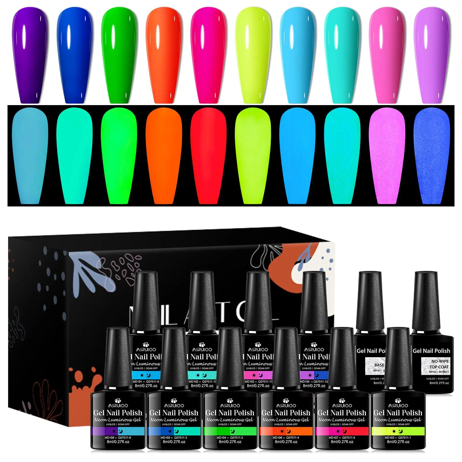 Neon Color Luminous Gel Nail Polish Set, 12pcs/set Fluorescent UV LED Paint in The Dark, Lead-free and Tasteless Semi Permanent Nail Enhancement Design
