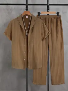 Khaki Ribbed Texture Home Loungewear, Nightwear, Pajama 2-Piece Set - Short-Sleeve Collared Lapel Shirt + Elastic Waist Pants, Soft, Breathable, Lightweight Fabric, Relaxed Fit, Ideal for Lazy Weekend Lounging, At-Home Light Work, Casual Indoor Unwinding