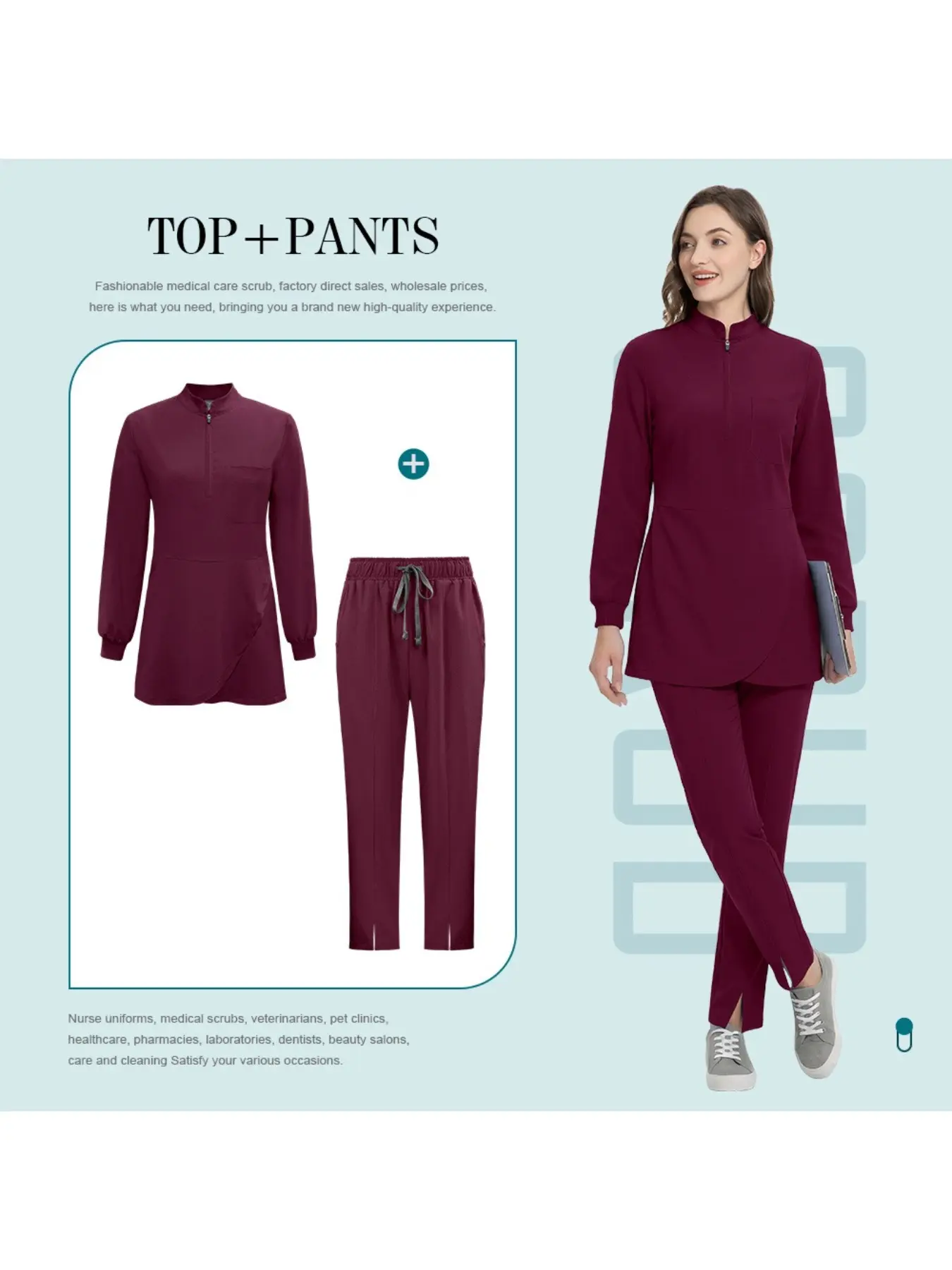 Muslim Style Basic Clinic Care Scrubs Uniform Suit Workwear Hospital Nurse Uniforms Long Sleeve Long Sleeved Shirt Straight Pants Nursing Scrub Set straight leg uniform