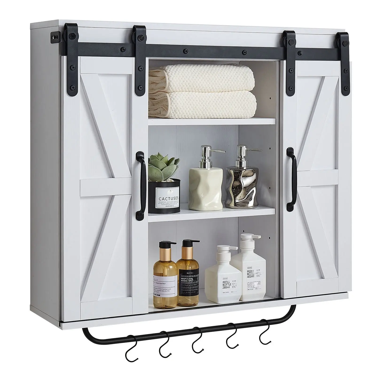 White Wall Mounted Bathroom Cabinet and Medicine Cabinet with Tower Bar and Two Doors, Moisture-Resistant Storage Organizer for Bathrooms, Reversible Hinges, Adjustable Shelves, Easy Wall Mounting and Installation