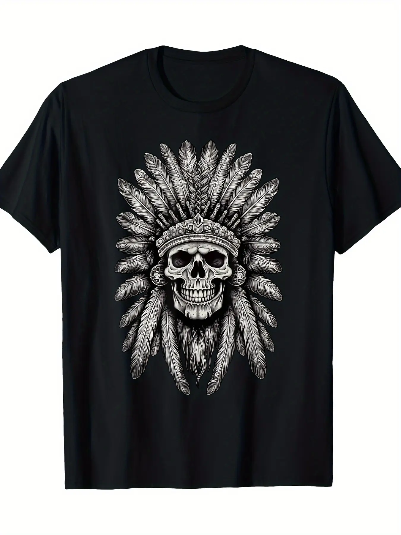 Men's summer round neck T-shirt, comfortable and fashionable retro casual loose large size T-shirt - [Men's skull headdress T-shirt] Skull Indian headdress shirt Indian skull chief men's 100% cotton T-shirt tops shirt