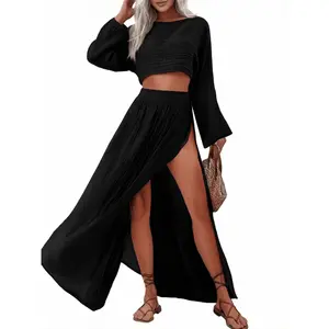 Two Piece Summer Resort Wear Women, Long Sleeve Crop Top and High Waist Slit Skirt