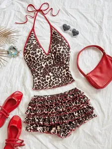 Women's Sexy Leopard Print Halter Top And Shorts 2 Pieces Set, Summer,Women's Summer Set, Matching Sets Fit