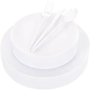 EI 150 count White Plastic Plates Disposable,White Plate for Party,Disposable Frosted Plate with White Plastic Silverware,Heavy Duty Dinnerware set serves for 30, for Birthday Wedding  Party.