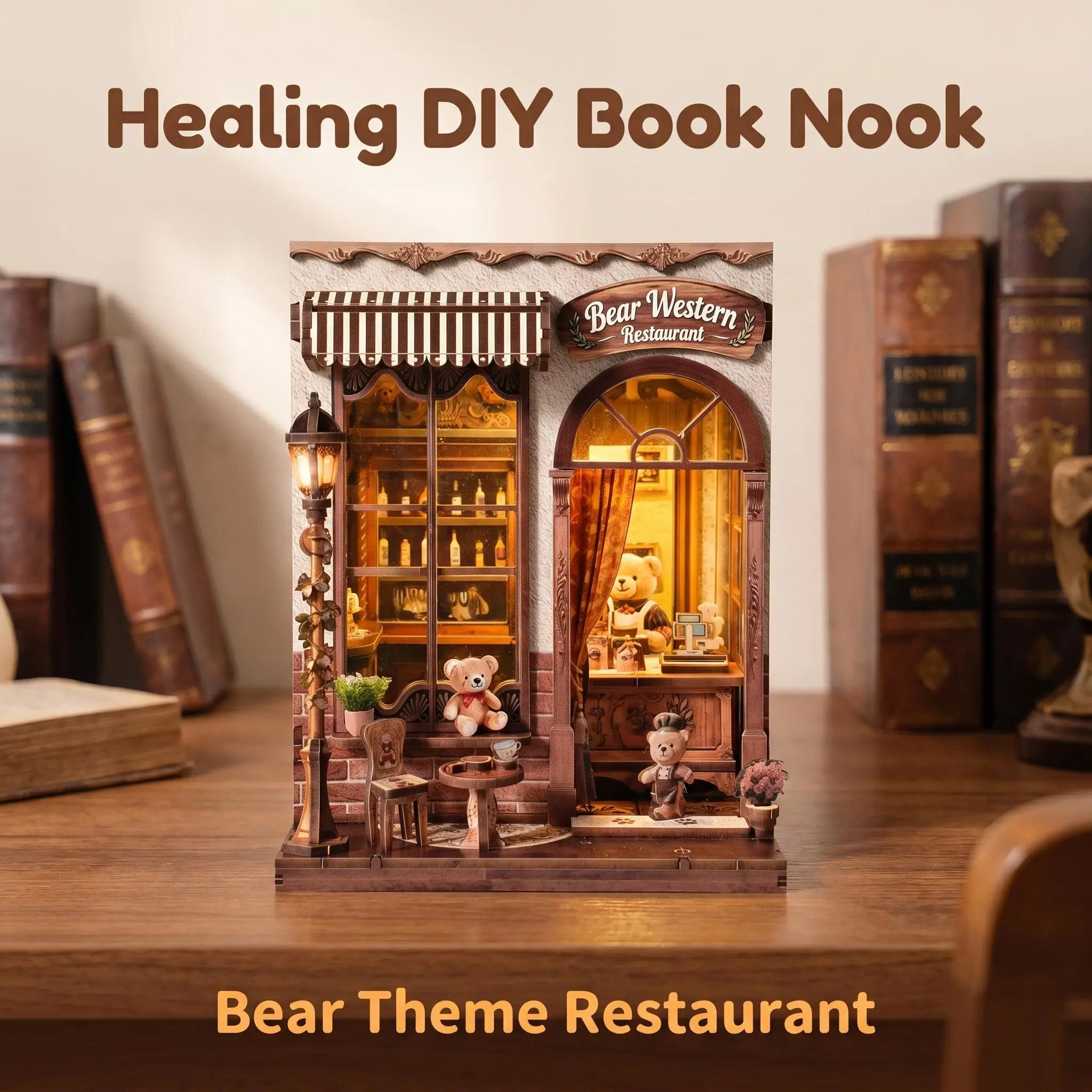 3D Wooden Miniature House Kit, Bear’s Western Dessert House, Book Nook, DIY Bookshelf Insert Model, Mother's Day Gift,Home Decor Gift for Adults 14+