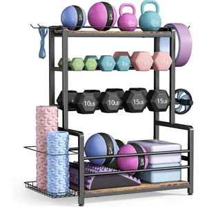 Gym  Equipment Weight Rack - 3-Tier Workout Storage Stand for Dumbbells & Kettlebells,  Ball Holder, 460 lb Steel Organizer with Yoga Mat Basket, Hooks, Adjustable , 24 x 16 in