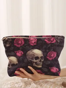 Skull Print Corduroy Makeup Bag, Cute Cartoon Style, Lightweight Multi-Functional Fashion Casual Handheld Cosmetic Pouch, Travel Organizer, Halloween