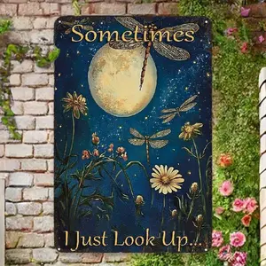 2D Flat Vintage Dragonfly Moonlight Metal Tin Sign – 8x12 Inch Whimsical Wall Art with Dandelion & Starry Sky, Rustic Iron Decor for Home, Office, Bar & Cafe