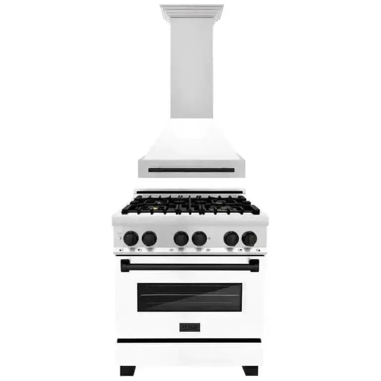 ZLINE Autograph Edition 30 in. Kitchen Package with Stainless Steel Dual Fuel Range with White Matte Door and Range Hood with Matte Black Accents (2AKP-RAWMRH30-MB)