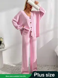 Plus Size Women's Two-Piece Set, Fashionable Womenswear Knitwear Including Long Sleeve V-Neck Cardigan & Wide-Leg Sweater Pants Clothes