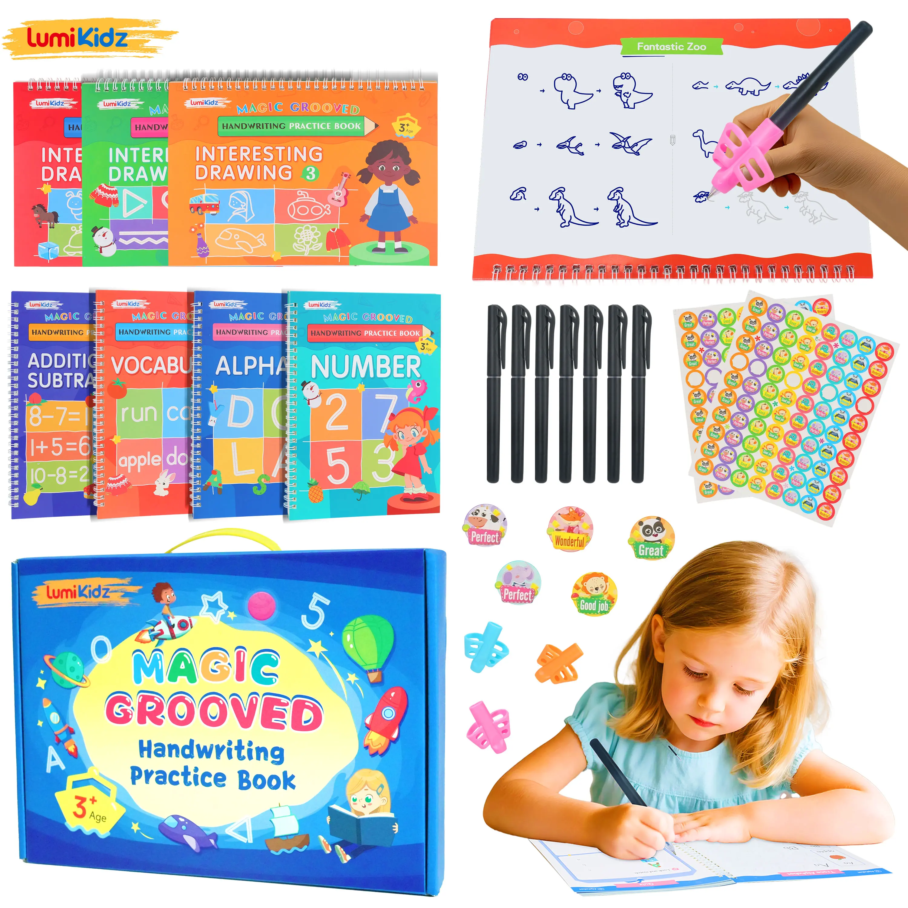 [Back To School] Kids' Magic Grooved Handwriting Practice Books Set, Reusable Copybooks for Ages 3-8, Preschool Workbook Kit with Pens, Grips, Stickers & Storage Bag