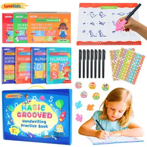 [Back To School] Kids' Magic Grooved Handwriting Practice Books Set, Reusable Copybooks for Ages 3-8, Preschool Workbook Kit with Pens, Grips, Stickers & Storage Bag