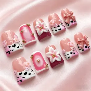 Cute Short Duck French Tip Press on Nails Handmade 3D Reusable Fake Nails with Bow Flower Rhinestones Glossy Acrylic Design Pink Stick on Nails for Women