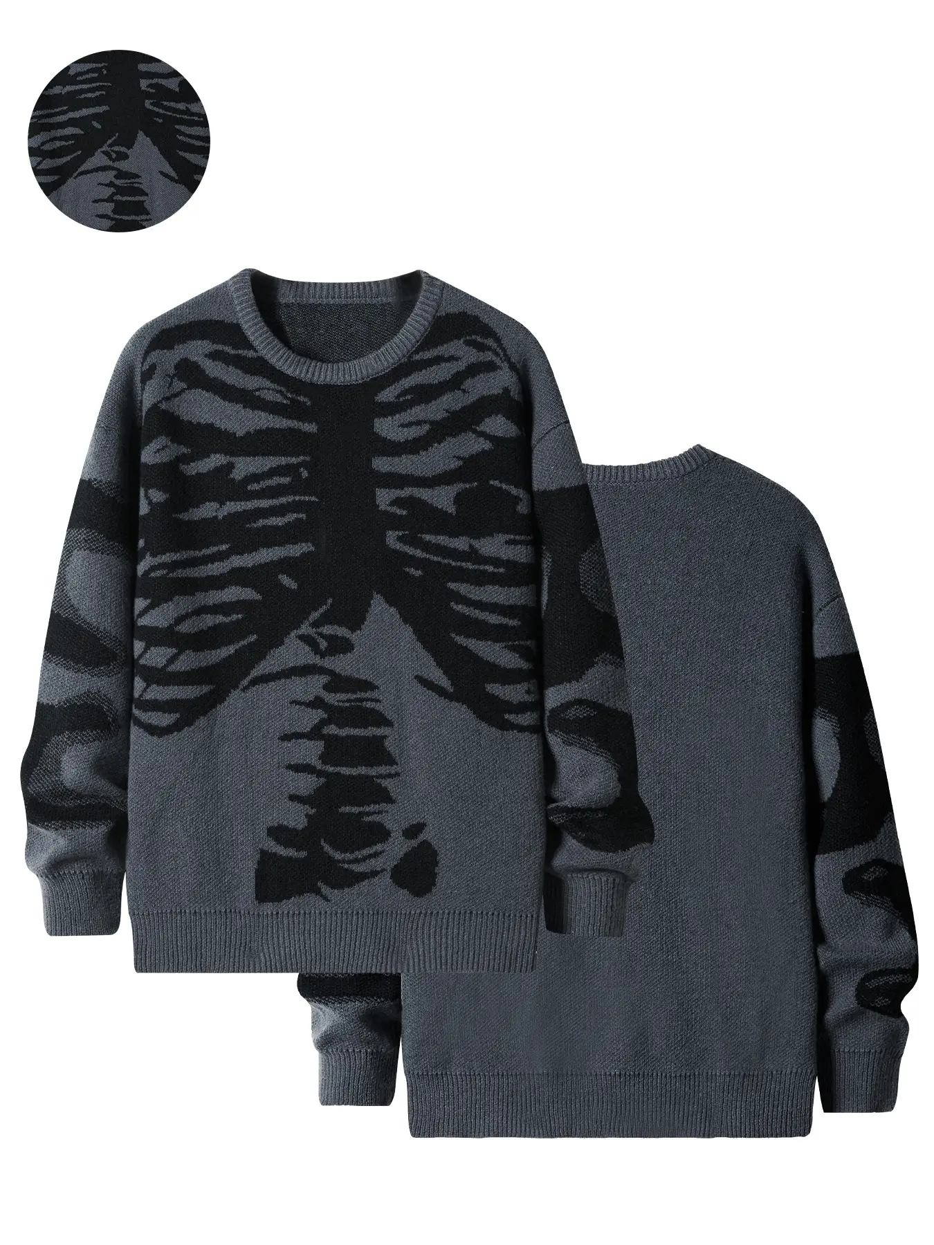 Women's Skeleton Devil Graphic Knit Sweater, Long Sleeve Round Neck Loose Fit Pullover for Halloween Streetwear Outfits, Clothes, Skeleton Print, Holiday