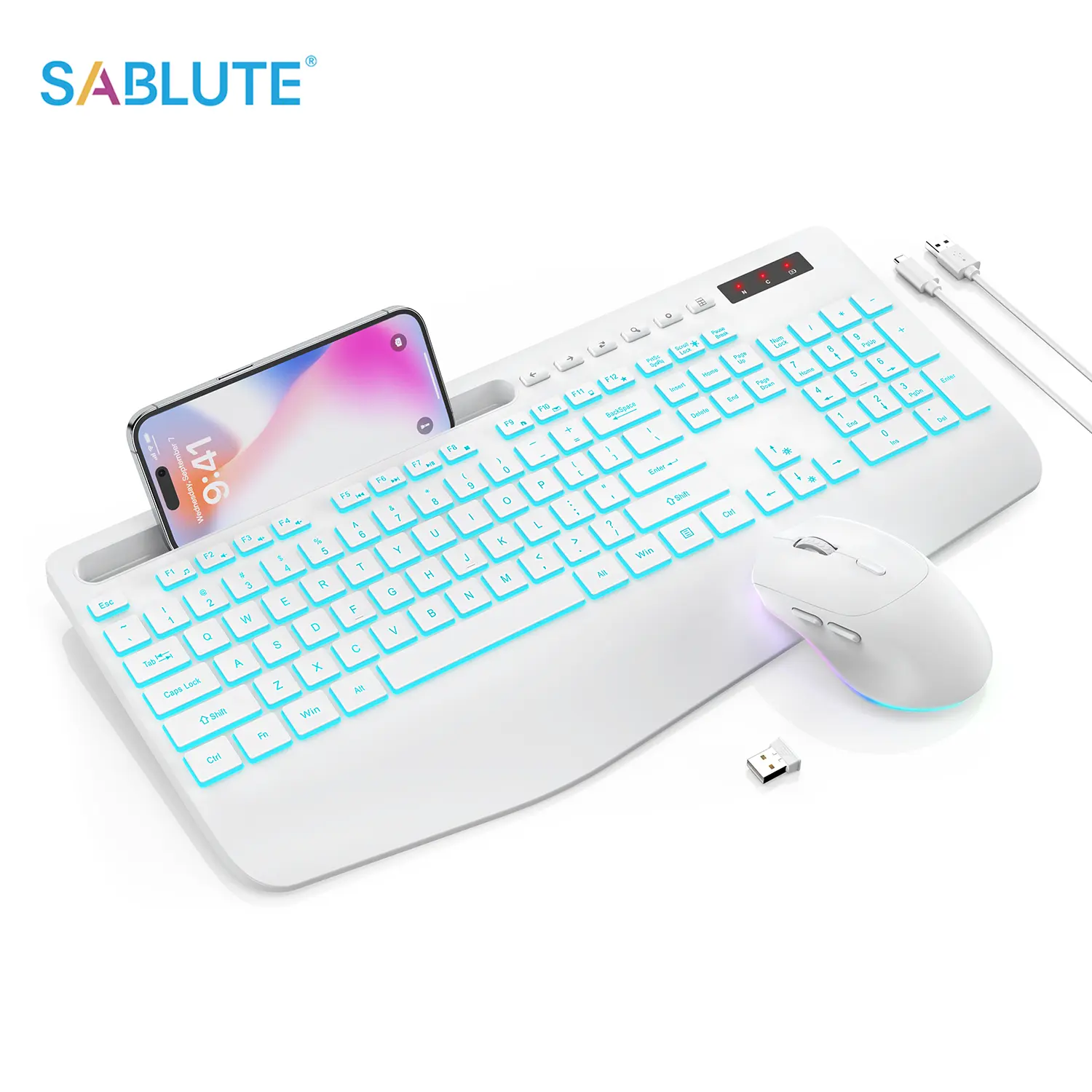 SABLUTE KM22Max Wireless (Non-Bluetooth) USB Keyboard and Mouse Combo, 7-Colored Backlit Keys with Light-Up Letters, Rechargeable Ergonomic Design with Wrist Rest, Phone Holder, Silent Typing, 2000h Runtime for PC/Tablet