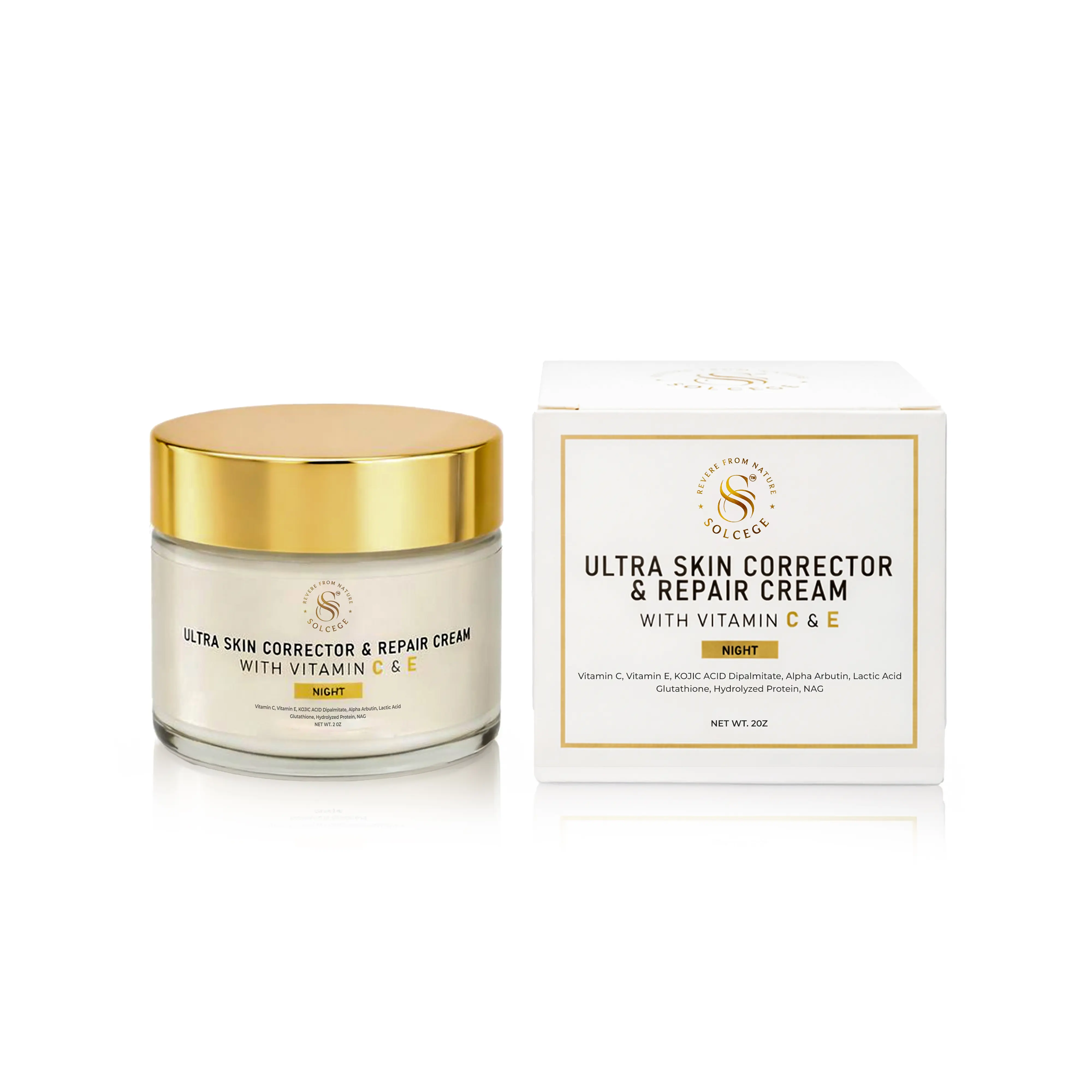 SOLCEGE Ultra Skin Corrector Cream -Vitamin C & E , Kojic Acid, Alpha-Arbutin, Glutathione, NAG – Support Hyperpigmentation, Brightening Glow, Hydration – 2 oz Smooth