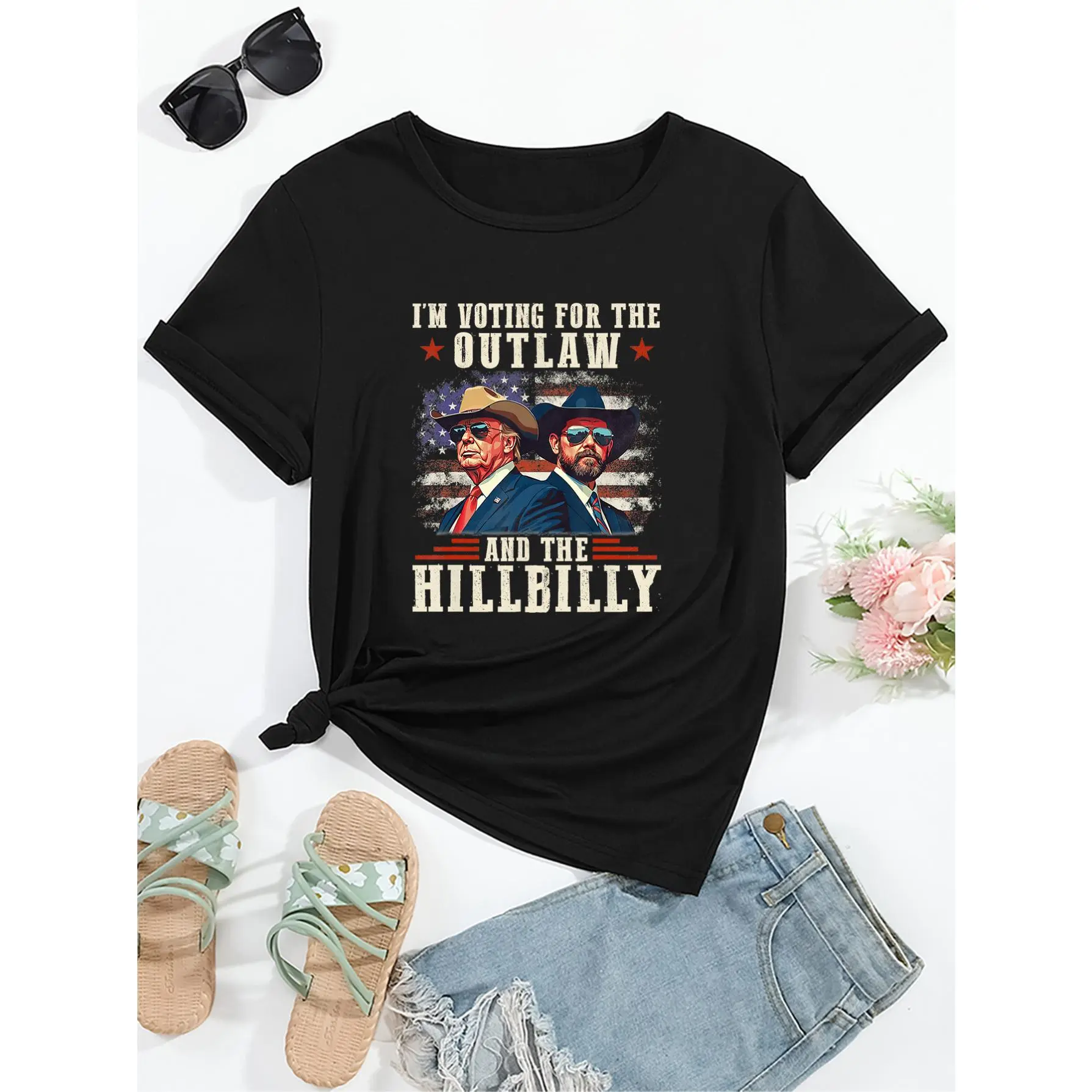 Comfortable casual style spring/summer women's top Trump Wans Hillbilly print round neck T-shirt