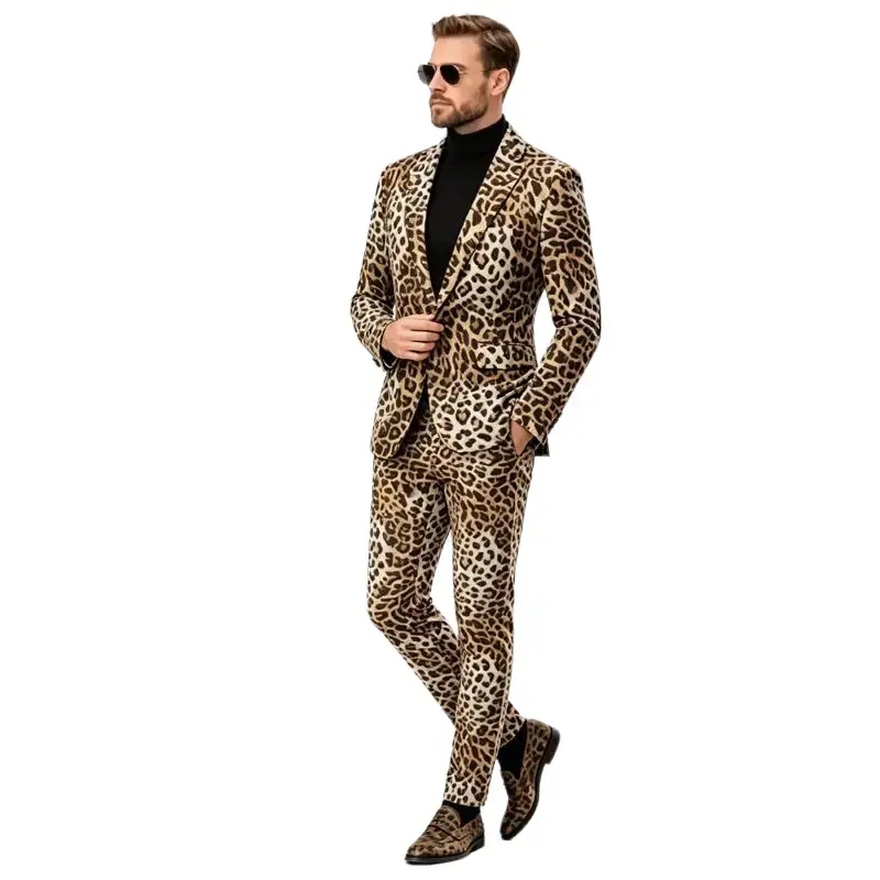 Men's Slim Fit Leopard Print 2-Piece Tuxedo Suit - Colorful, Designer Pattern, Dramatic Style, Festive, Flattering Men's Suit Separates, Long Sleeve Button Jacket, V-Neck, Dress Trouser, Free Bow Tie, for Weddings, Prom, Colorful Men's Suit Separates
