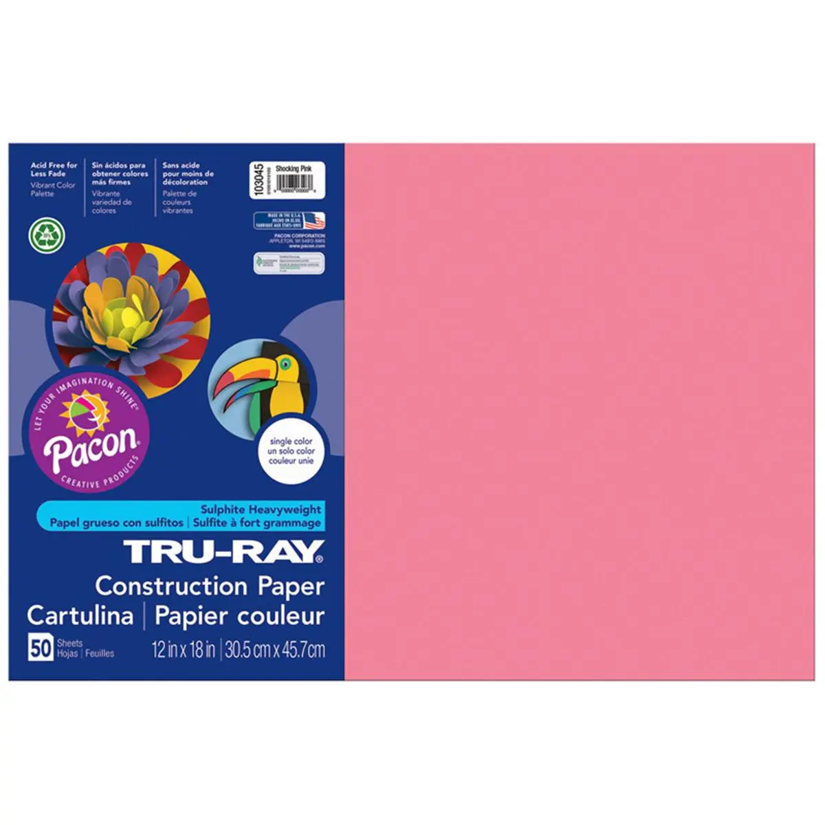 Pacon Tru Ray Shocking Pink Rectangle Colored Paper - 12x18 in, 50 Sheets/Pack, 5-Pack, 50% Recycled Paper Fiber Content, Scrapbook DIY Project Supplies, Long-Lasting Brightness
