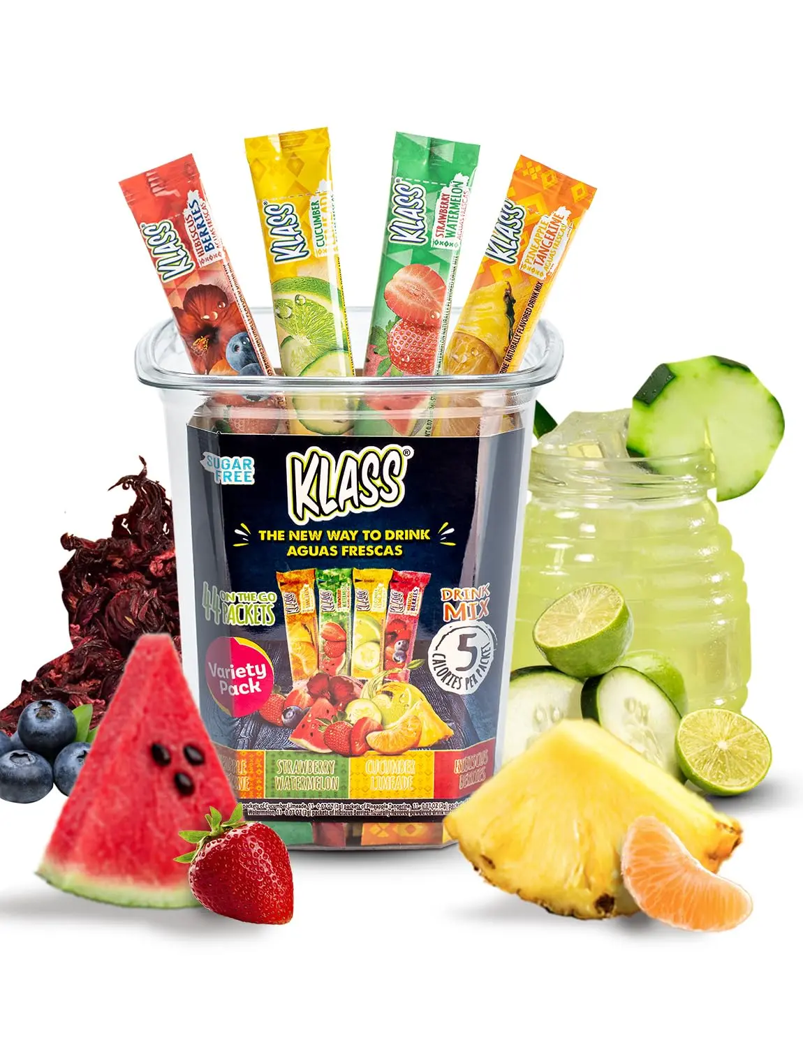 Klass Aguas Frescas Sugar Free Hydration Powder Mix Variety Pack - 44 Caffeine-Free Singles, 5 Calories Per Packet, Natural Flavors (Cucumber Limeade, Pineapple Tangerine, Strawberry Watermelon, Hibiscus Berries), Low Sugar, All Ages Friendly, Cupboard