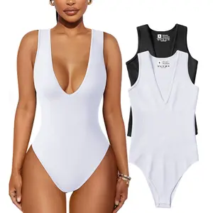 OYS Women's 2 Piece Sleeveless Deep V Neck Ribbed Leotard One Piece Bodysuit Tops