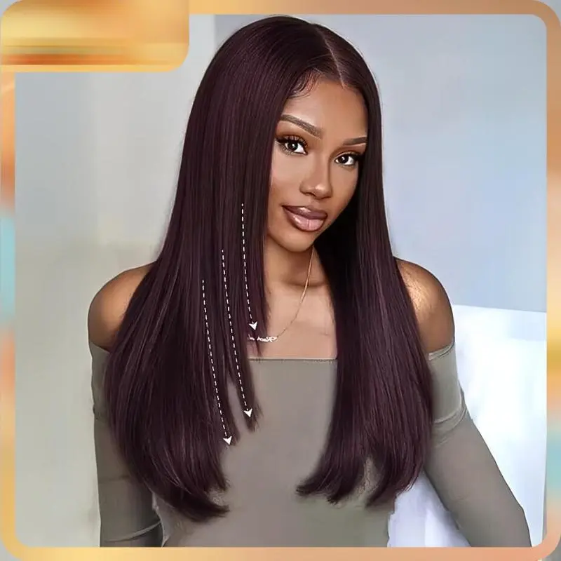 Glueless Black Cherry Layered Straight Wig with Drawstring Pre-cut 7x5/13x4 HD Lace Frontal Human Hair Wigs with Invisible Knots Beginners Friendly