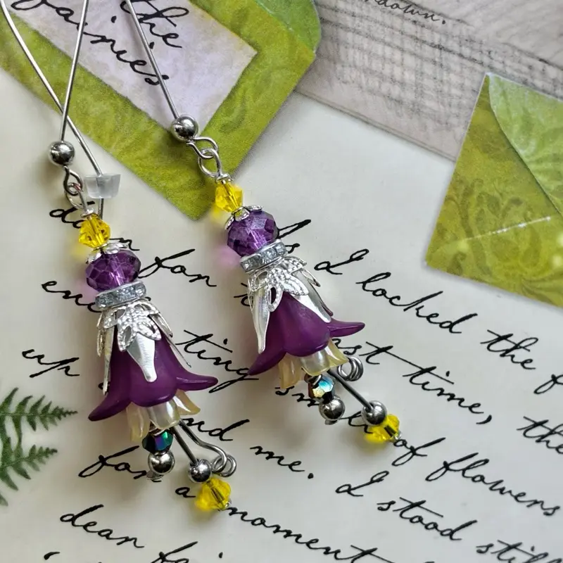 Fairytale-Inspired Purple-Yellow Flower Earrings, Vintage Long Dangling Princess Rapunzel Fairycore Jewelry Cosplay cottagecore style