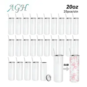 AGH 25pcs 20oz Sublimation Skinny Tumbler Stainless Steel Double Wall Vacuum Insulated Travel Mug Leakproof Perfect for Custom Designs Water Bottles