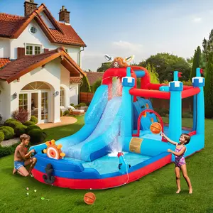EROMMY Inflatable Trampoline Bounce House, Bounce House with Water Slide for Kids 3-8, Water Slide Bounce House with a Mermaid Shape, Volleyball Match, Trampoline, Water Gun Competition, Storage Bag, 480W Blower for Outdoor Backyard