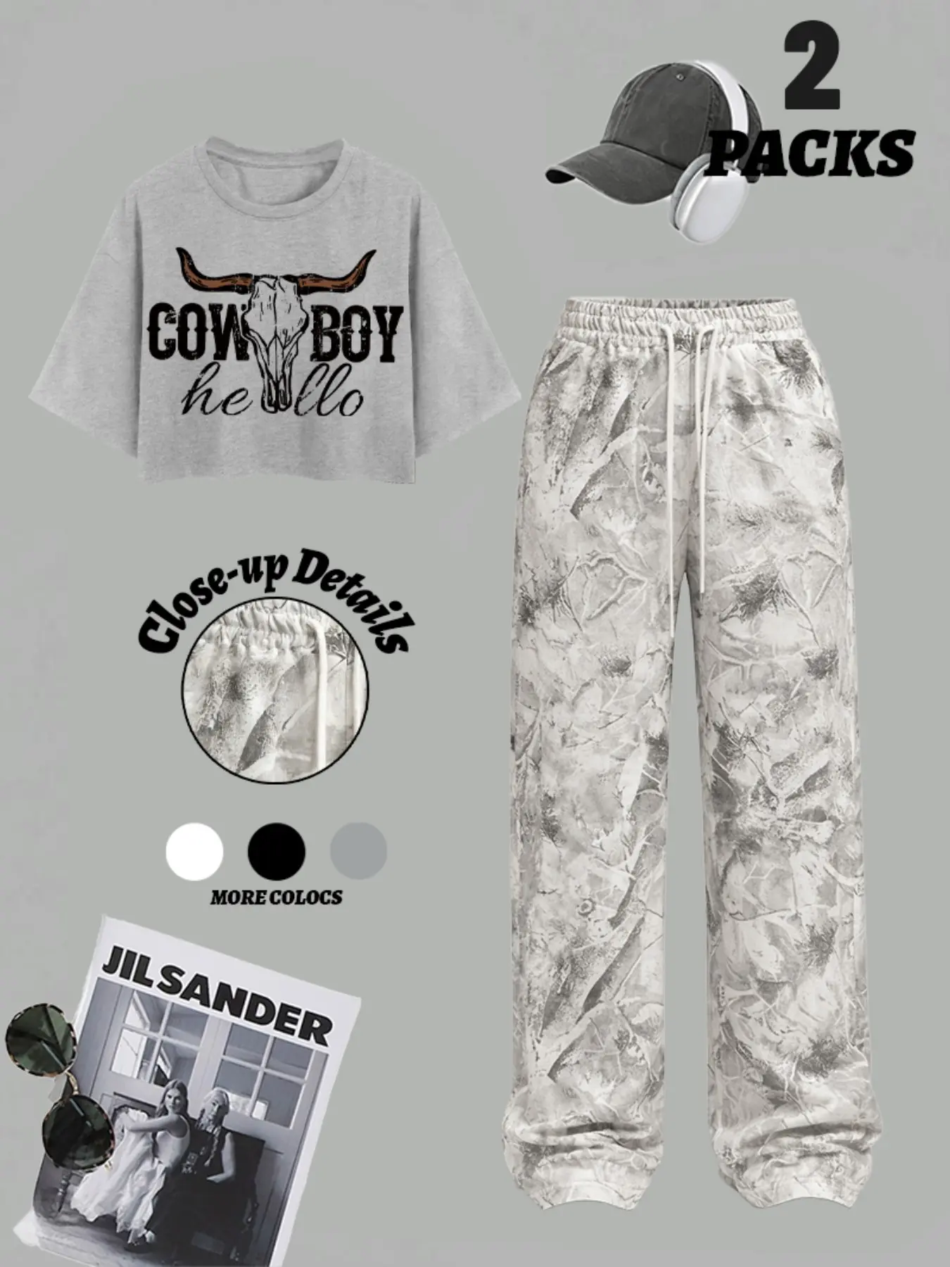 Women's Western Style Cowboy Set, Skull Print Tee & Leaf Wide Leg Pants Two-Piece, Casual Fit, All-Season Wear
