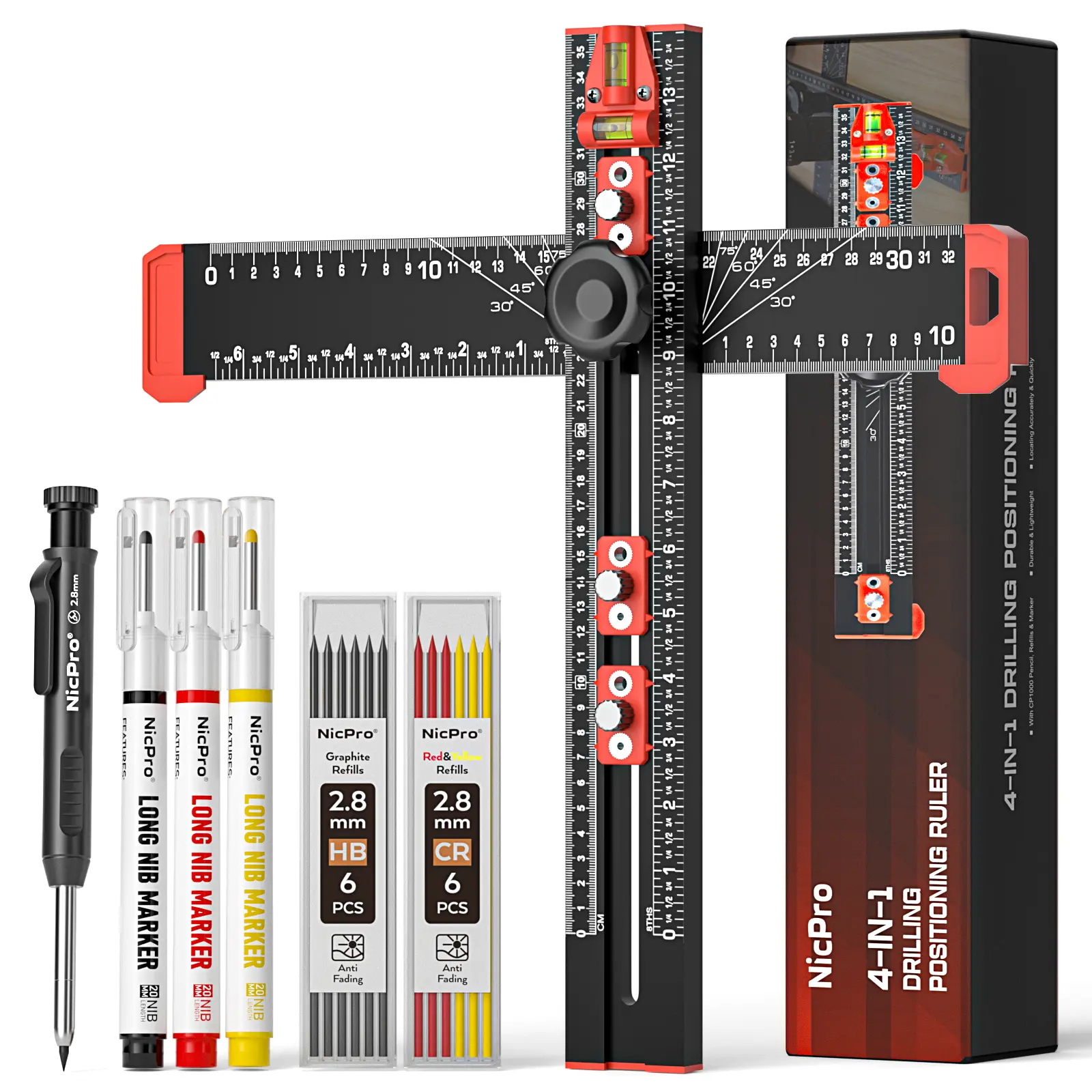 Drawer Ruler Nicpro 4-in-1 Drilling Positioning Scribing Ruler, Adjustable ...