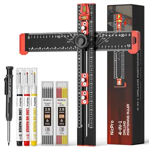 Nicpro 4-in-1 Drilling Positioning Scribing Tool - Adjustable Ruler with Carpenter Pencil, Multifunctional T Square for Woodworking Cabinet, Drawer Door Hole Drilling
